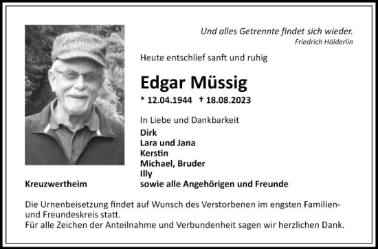 Traueranzeige von Edgar Müssig von Fränkische Nachrichten