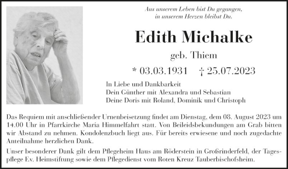  Traueranzeige für Edith Michalke vom 05.08.2023 aus Fränkische Nachrichten