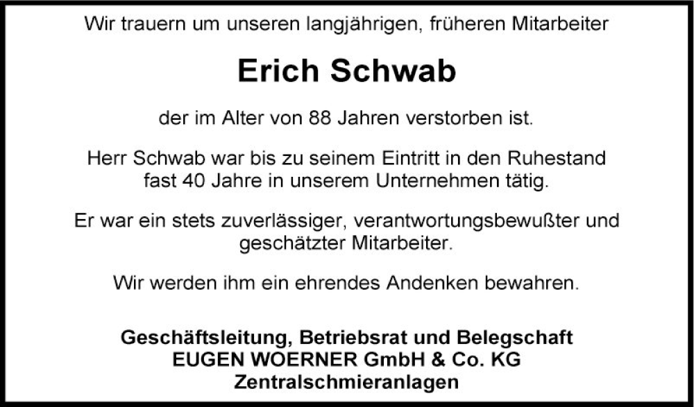  Traueranzeige für Erich Schwab vom 01.08.2023 aus Fränkische Nachrichten