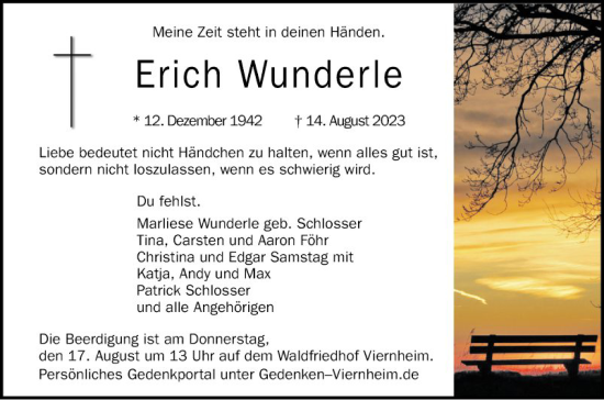 Traueranzeige von Erich Wunderle von Mannheimer Morgen