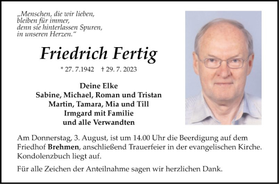 Traueranzeige von Friedrich Fertig von Fränkische Nachrichten