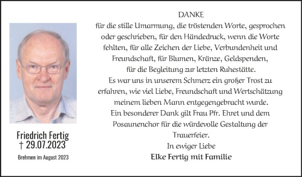  Traueranzeige für Friedrich Fertig vom 12.08.2023 aus Fränkische Nachrichten