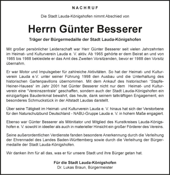 Traueranzeige von Günter Besserer von Fränkische Nachrichten
