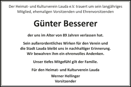 Traueranzeige von Günter Besserer von Fränkische Nachrichten