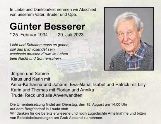 Traueranzeige von Günter Besserer von Fränkische Nachrichten