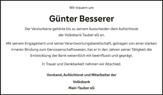 Traueranzeige von Günter Besserer von Fränkische Nachrichten