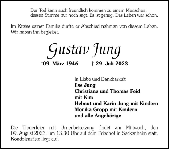 Traueranzeige von Gustav Jung von Mannheimer Morgen