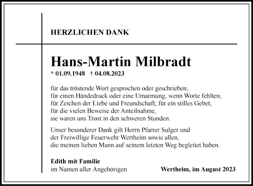  Traueranzeige für Hans-Martin Milbradt vom 19.08.2023 aus Fränkische Nachrichten