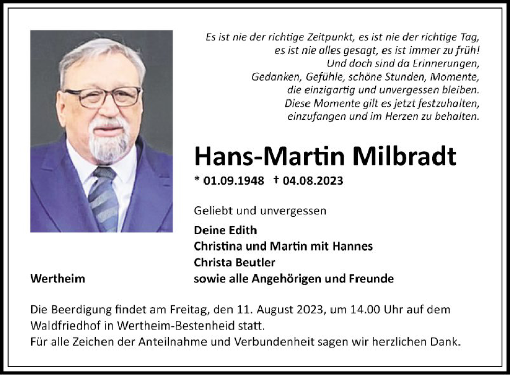  Traueranzeige für Hans-Martin Milbradt vom 09.08.2023 aus Fränkische Nachrichten
