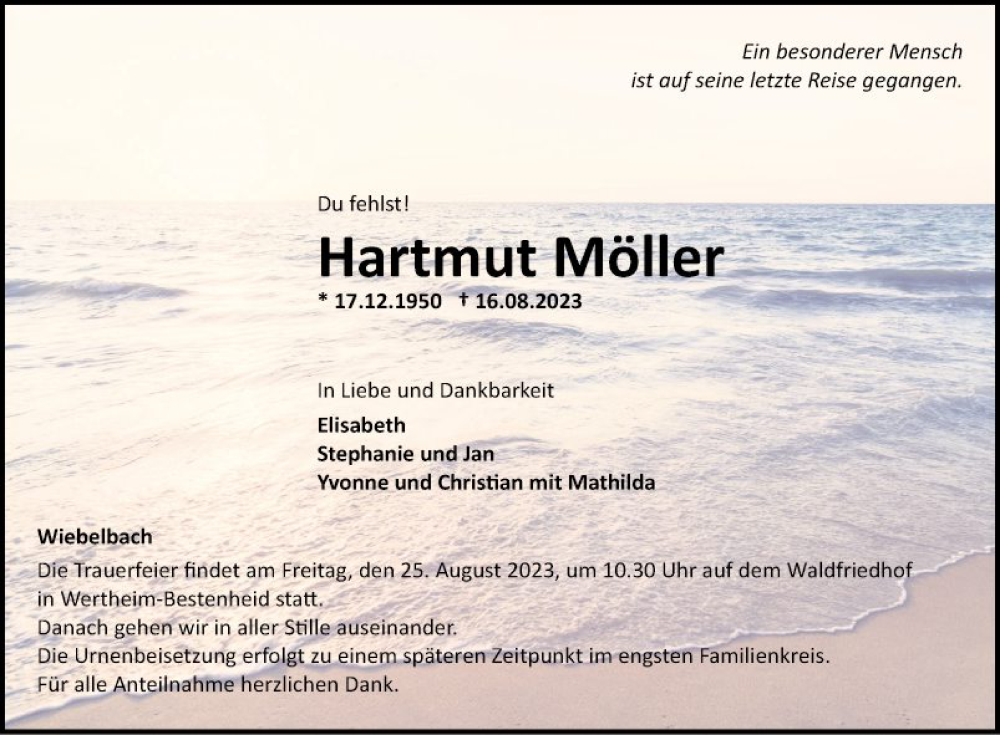  Traueranzeige für Hartmut Möller vom 19.08.2023 aus Fränkische Nachrichten