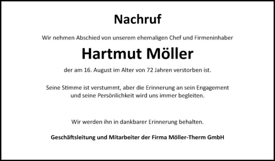 Traueranzeige von Hartmut Möller von Fränkische Nachrichten