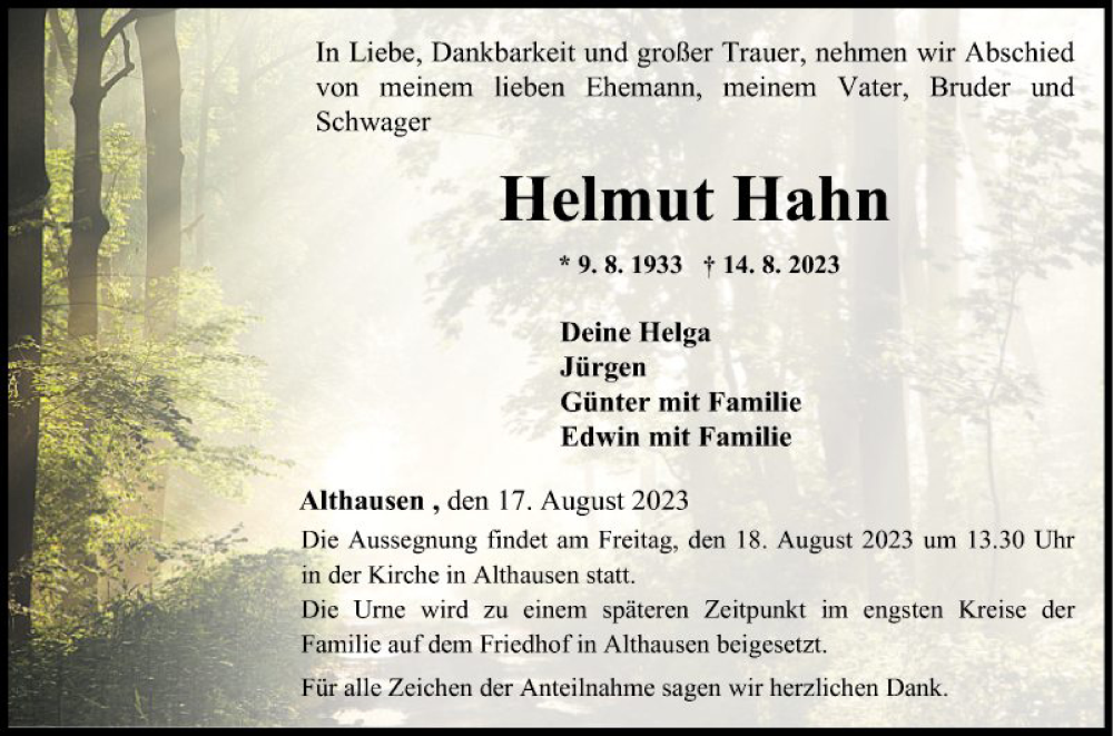  Traueranzeige für Helmut Hahn vom 17.08.2023 aus Fränkische Nachrichten