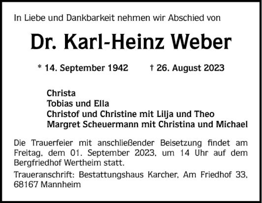  Traueranzeige für Karl-Heinz Weber vom 30.08.2023 aus Mannheimer Morgen