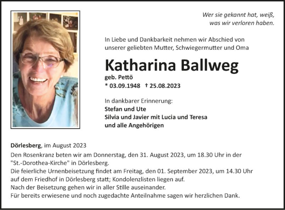  Traueranzeige für Katharina Ballweg vom 30.08.2023 aus Fränkische Nachrichten