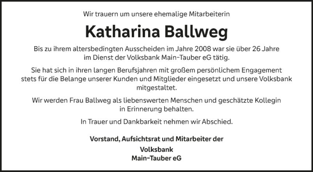  Traueranzeige für Katharina Ballweg vom 30.08.2023 aus Fränkische Nachrichten