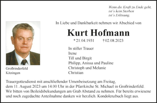 Traueranzeige von Kurt Hofmann von Fränkische Nachrichten