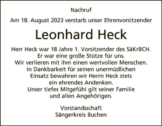 Traueranzeige von Leonhard Heck von Fränkische Nachrichten