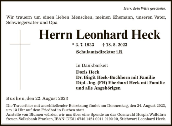 Traueranzeige von Leonhard Heck von Fränkische Nachrichten