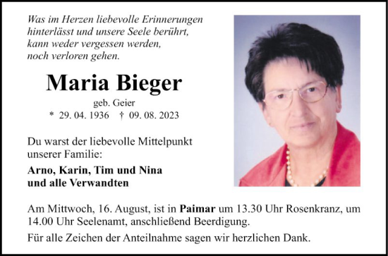 Traueranzeige von Maria Bieger von Fränkische Nachrichten