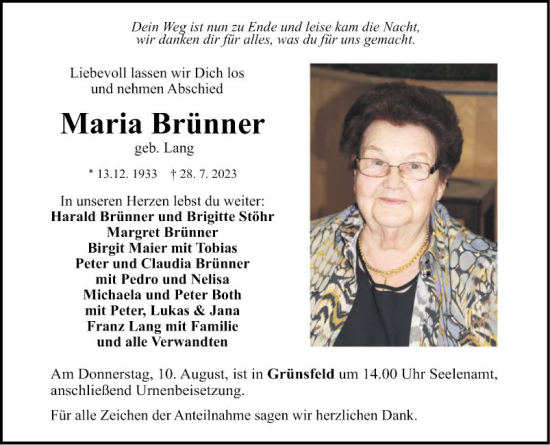 Traueranzeige von Maria Brünner von Fränkische Nachrichten