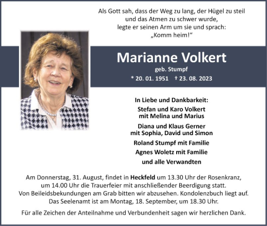 Traueranzeige von Marianne Volkert von Fränkische Nachrichten