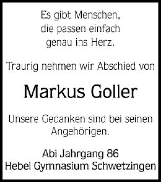 Traueranzeige von Markus Goller von Schwetzinger Zeitung