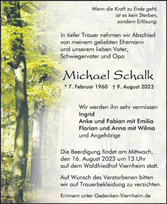 Traueranzeige von Michael Schalk von Mannheimer Morgen