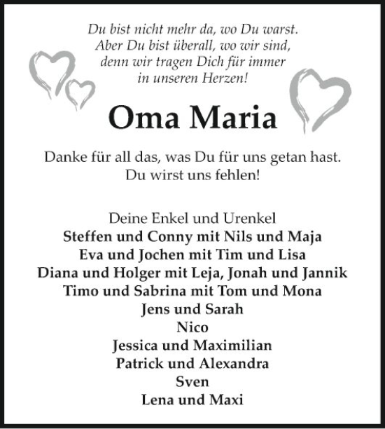 Traueranzeige von Oma Maria  von Fränkische Nachrichten