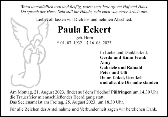 Traueranzeige von Paula Eckert von Fränkische Nachrichten