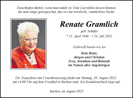 Traueranzeige von Renate Gramlich von Fränkische Nachrichten