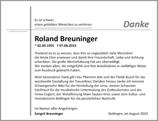 Traueranzeige von Roland Breuninger von Fränkische Nachrichten