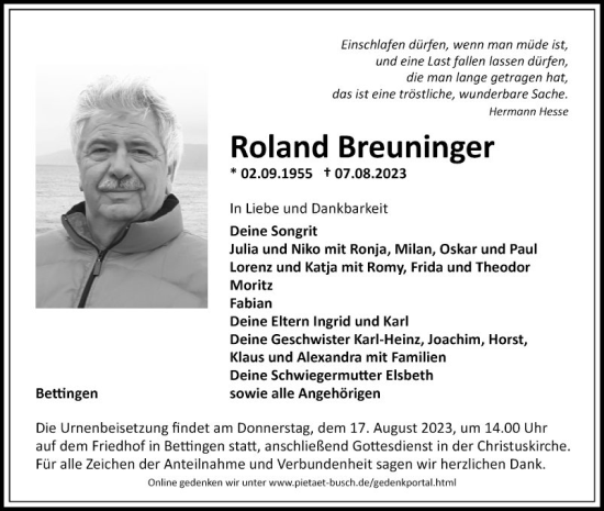 Traueranzeige von Roland Breuninger von Fränkische Nachrichten