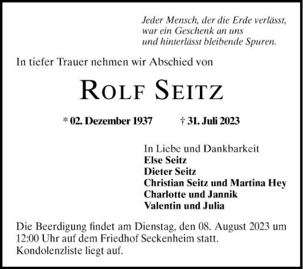  Traueranzeige für Rolf Seitz vom 05.08.2023 aus Mannheimer Morgen
