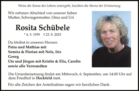 Traueranzeige von Rosita Schübele von Fränkische Nachrichten