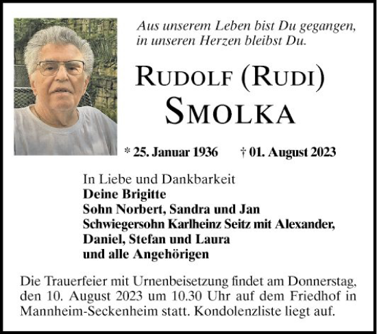 Traueranzeige von Rudolf Smolka von Mannheimer Morgen