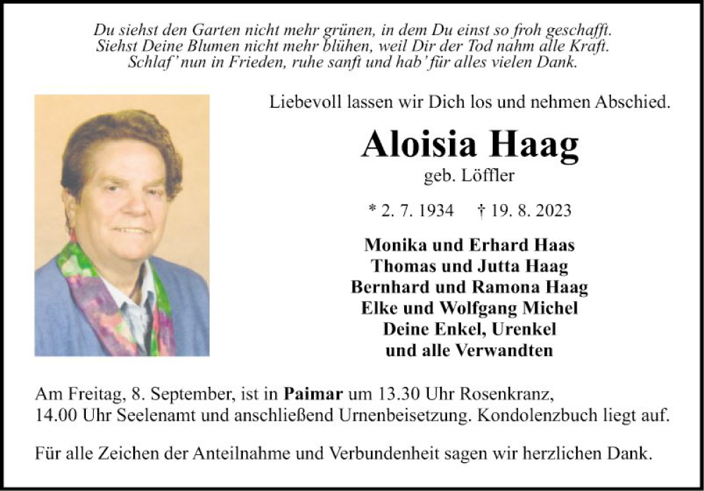  Traueranzeige für Aloisia Haag vom 02.09.2023 aus Fränkische Nachrichten
