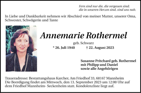 Traueranzeige von Annemarie Rothermel von Mannheimer Morgen