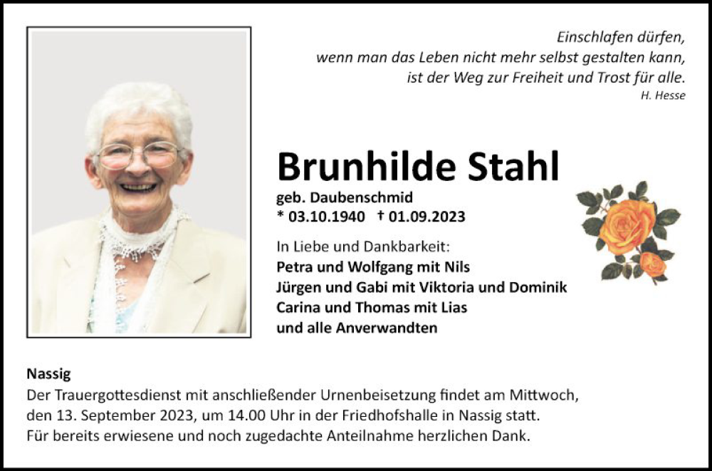  Traueranzeige für Brunhilde Stahl vom 09.09.2023 aus Fränkische Nachrichten