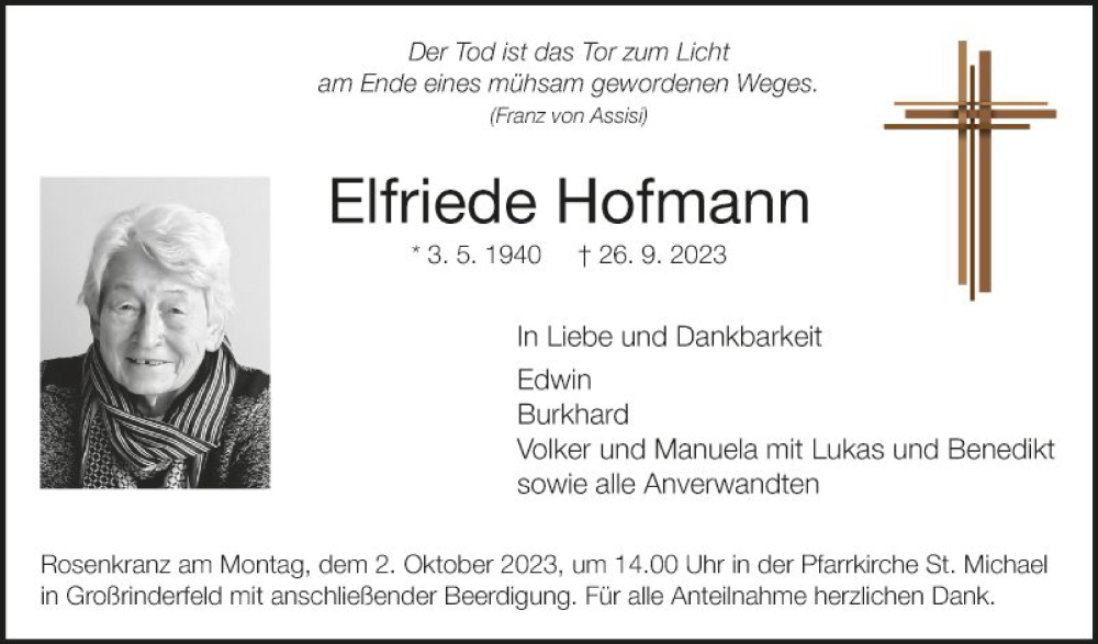 Traueranzeige für Elfriede Hofmann vom 29.09.2023 aus Fränkische Nachrichten