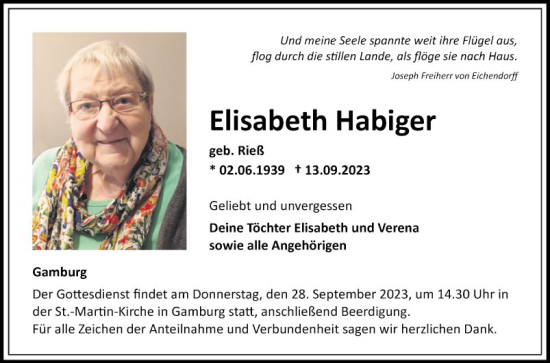 Traueranzeige von Elisabeth Habiger von Fränkische Nachrichten