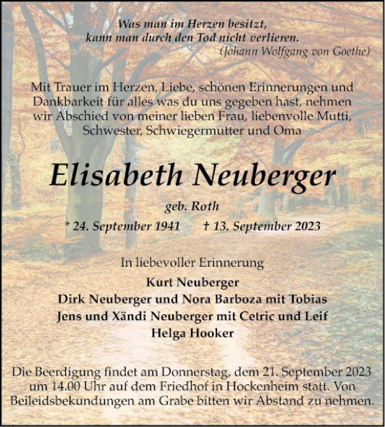 Traueranzeige von Elisabeth Neuberger von Schwetzinger Zeitung