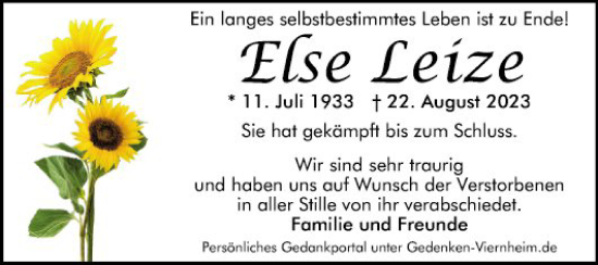 Traueranzeige von Else Leize von Mannheimer Morgen
