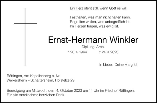 Traueranzeige von Ernst-Hermann Winkler von Fränkische Nachrichten
