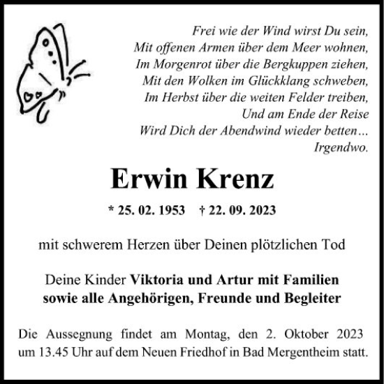 Traueranzeige von Erwin Krenz von Fränkische Nachrichten
