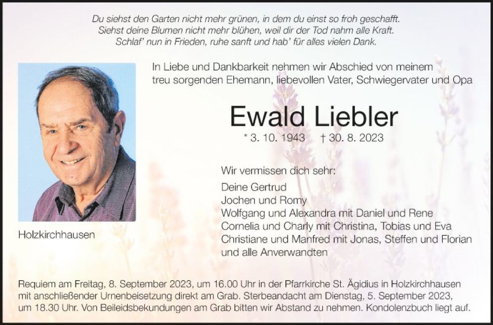  Traueranzeige für Ewald Liebler vom 02.09.2023 aus Fränkische Nachrichten