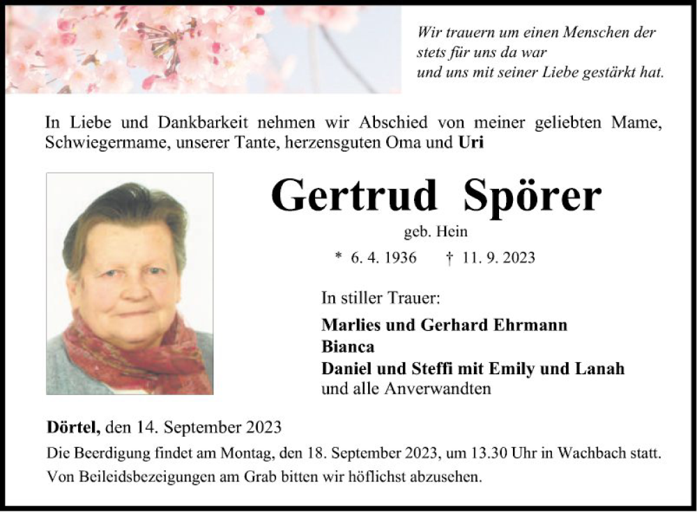  Traueranzeige für Gertrud Spörer vom 14.09.2023 aus Fränkische Nachrichten