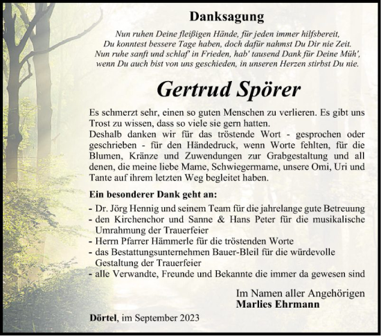 Traueranzeige von Gertrud Spörer von Fränkische Nachrichten
