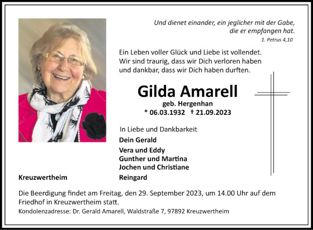  Traueranzeige für Gilda Amarell vom 27.09.2023 aus Fränkische Nachrichten
