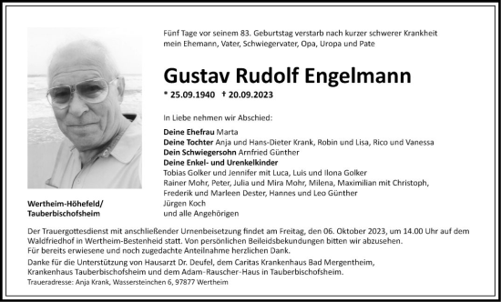 Traueranzeige von Gustav Rudolf Engelmann von Fränkische Nachrichten