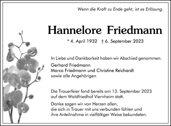 Traueranzeige von Hannelore Friedmann von Mannheimer Morgen